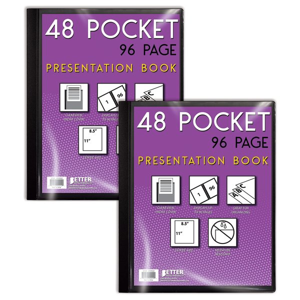 Better Office Products Presentation Book, 48-Pocket, Black, W/Clear View Front Cover, 8.5in. x 11in. Sheets, 2PK 32034